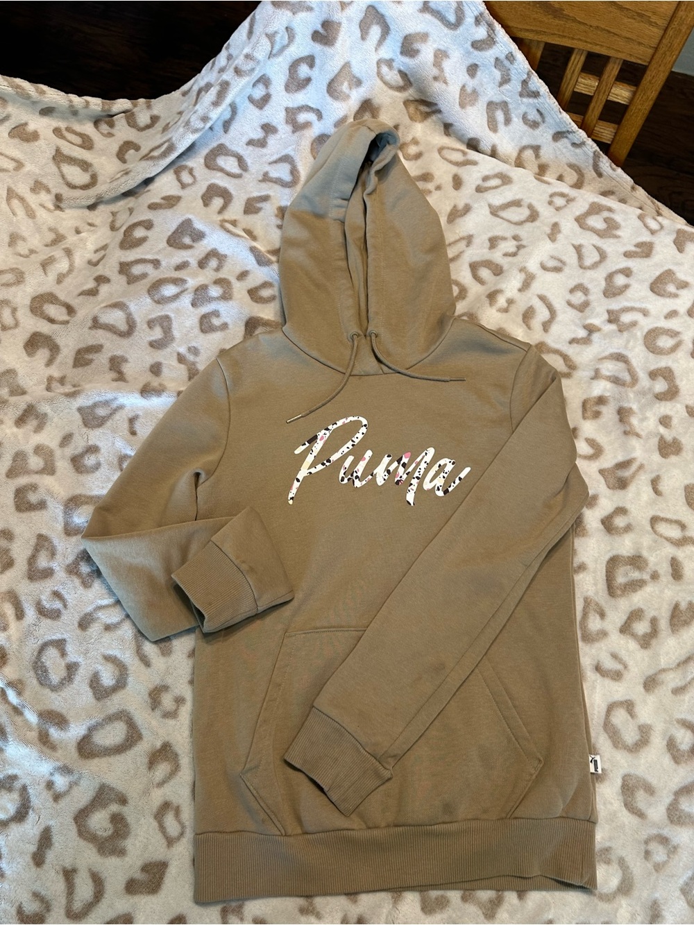 Kids Puma Olive-Tan Hoodie with Leopard Script Logo